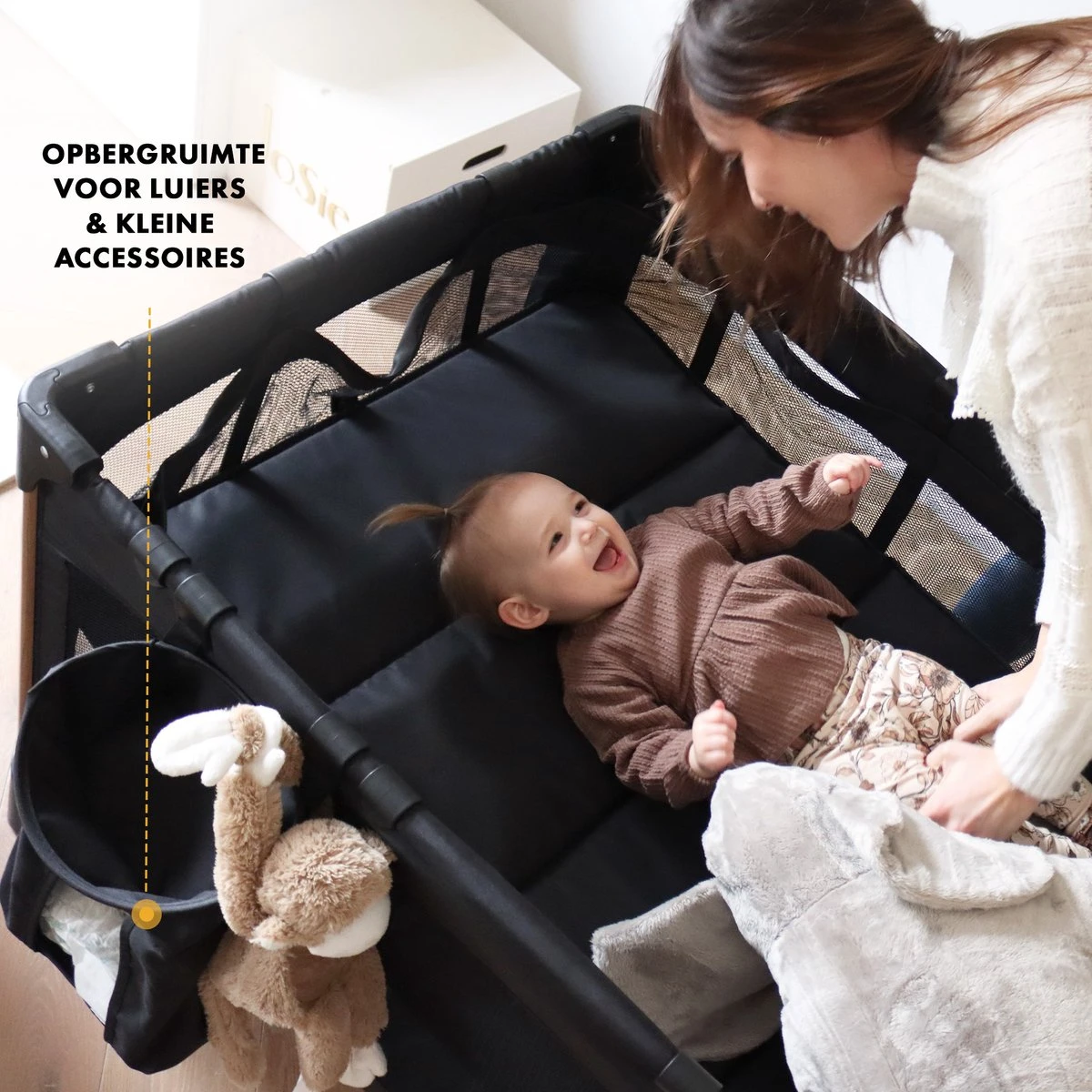 Deryan Luxe Campingbed Compleet - 120x60cm - Bodemverhoger - Verschoonblad - Opbergmand - Zwart - Afbeelding 4