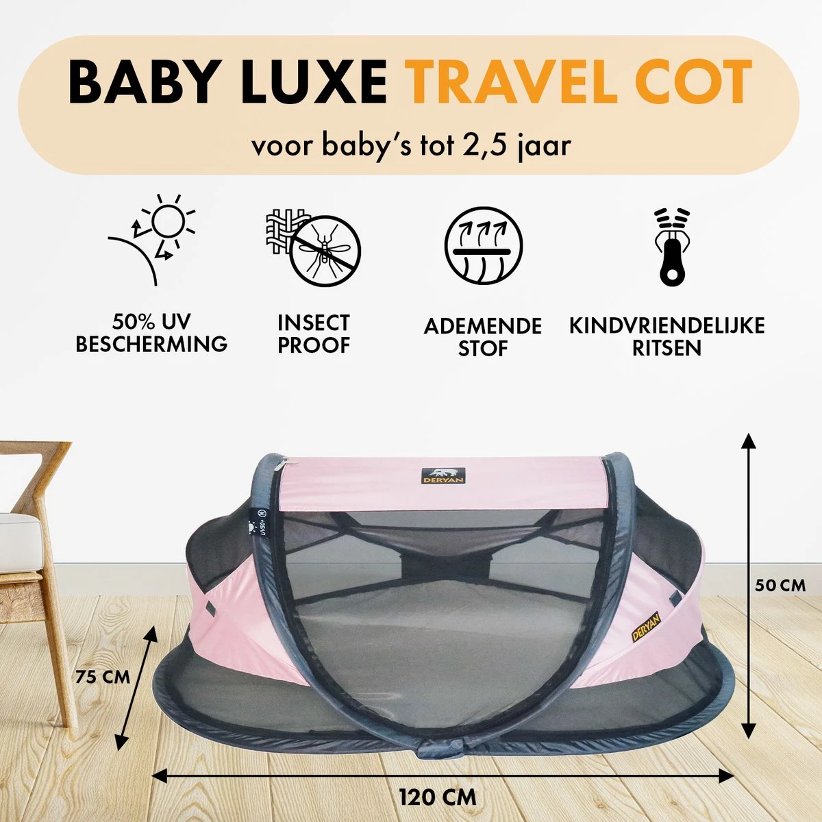 Deryan Baby Luxe Campingbedje – Inclusief Zelfopblaasbare Matras - Rose - Afbeelding 2
