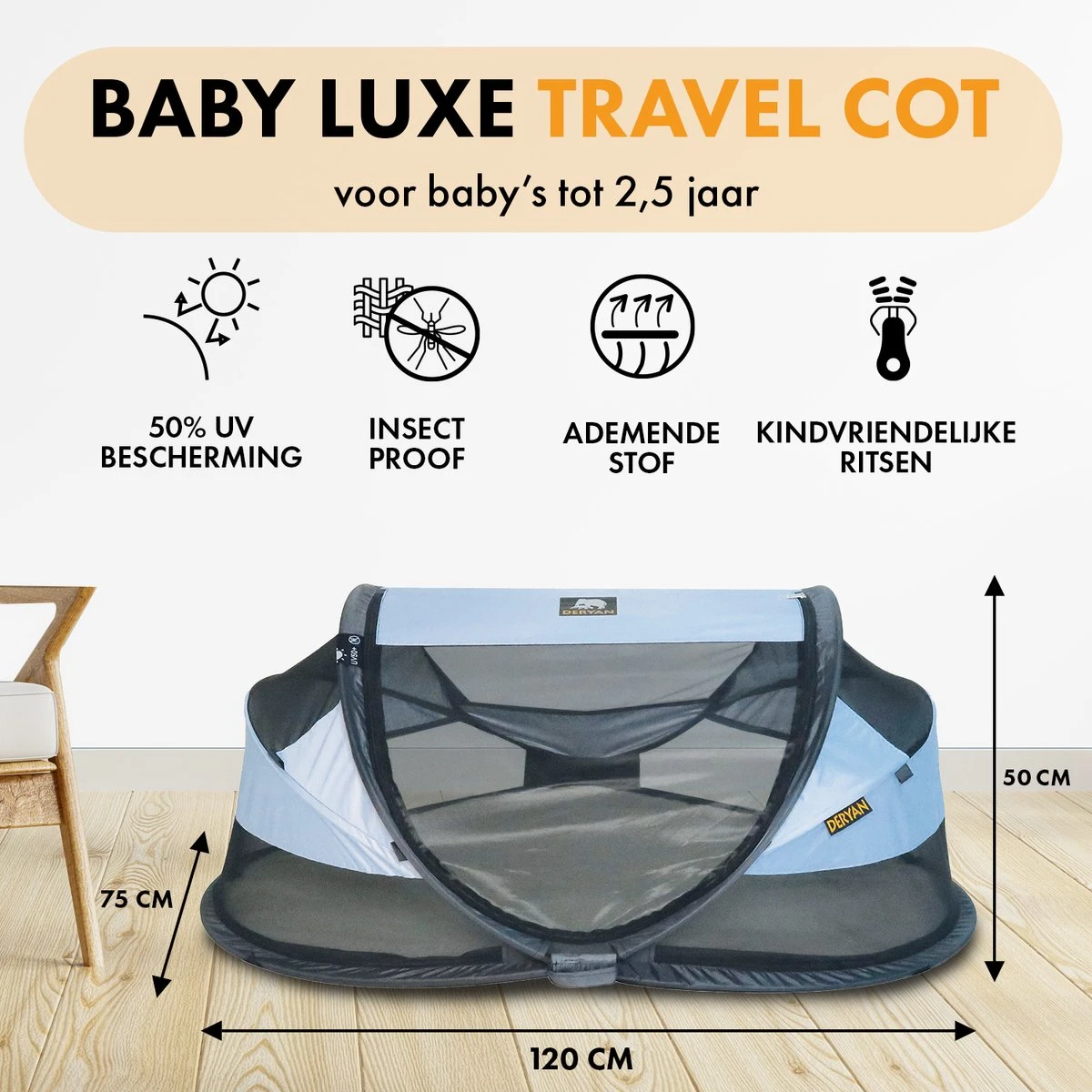 Deryan Baby Luxe Campingbedje – Inclusief Zelfopblaasbare Matras - Blue - Afbeelding 2