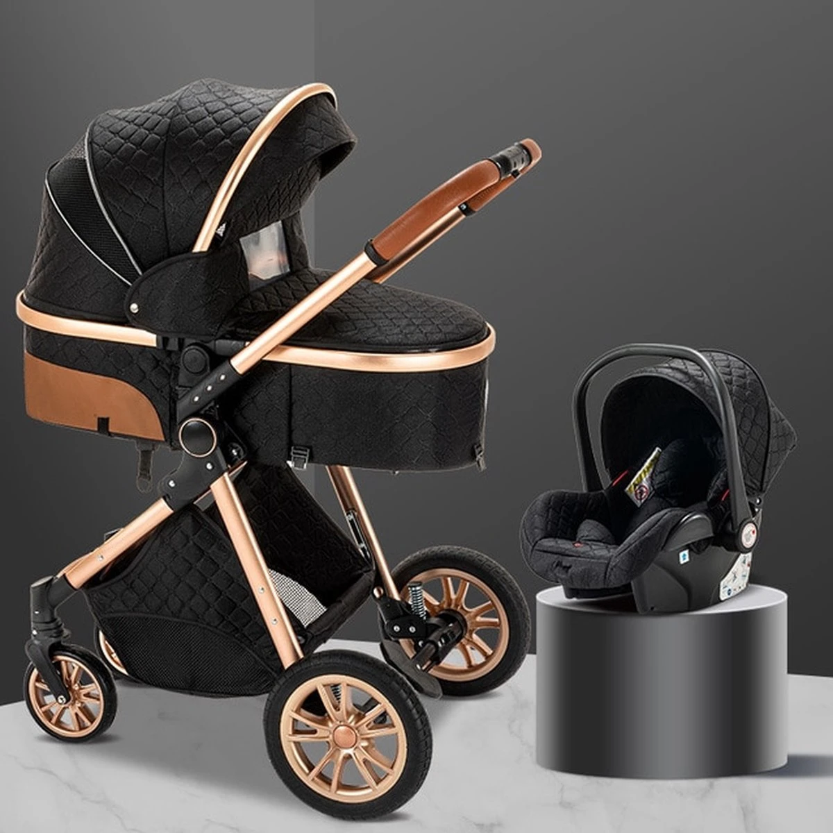 Merkloos Kinderwagen 3-in-1 – Luxe Kinderwagen - Buggy – Wandelwagen - Multifunctioneel – Opklapbaar – Incl. Autostoel – Zwart