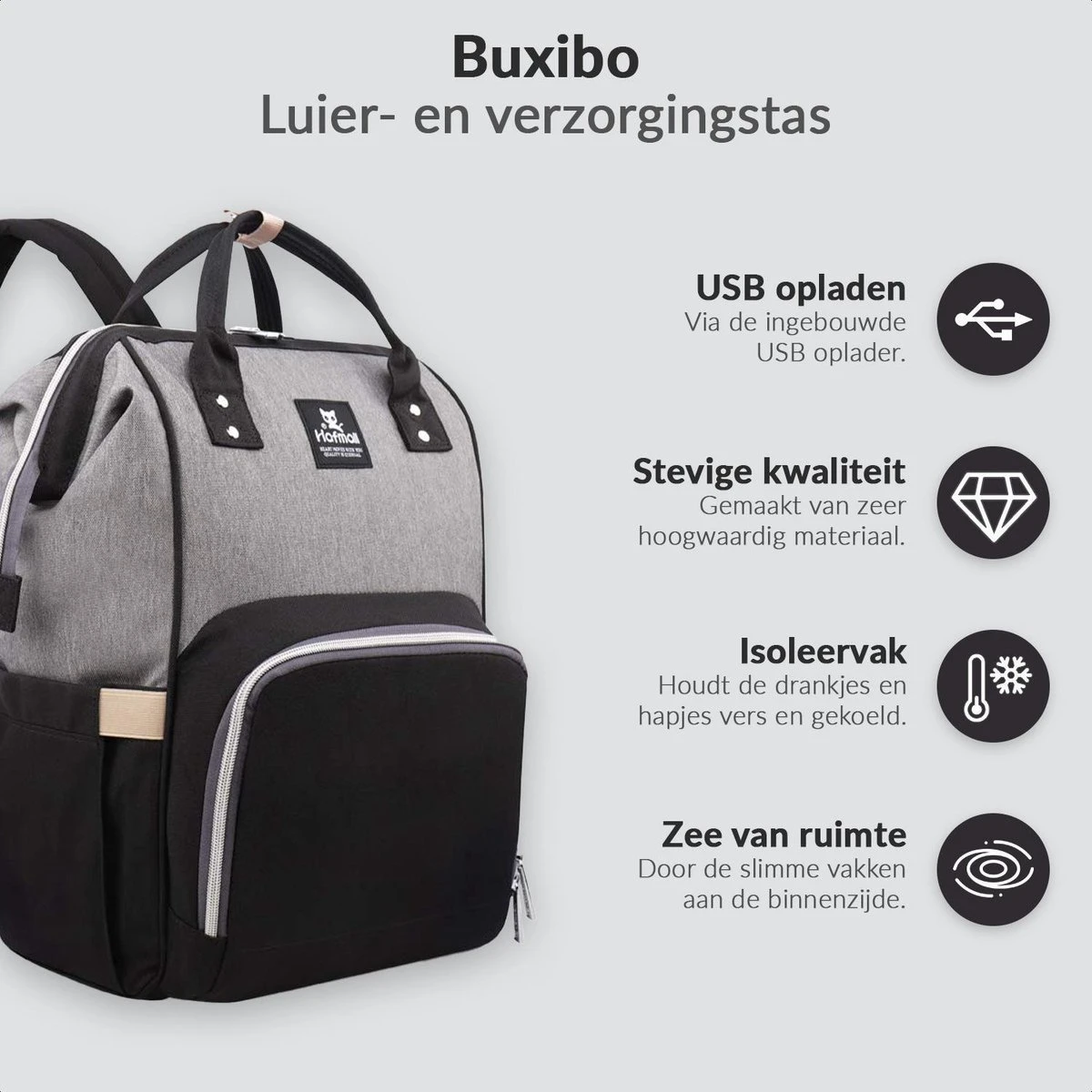 Buxibo Luier- En Verzorgingstas Inclusief USB Oplaadstation - Baby Rug Tas Met Isoleervak - Diaper Backpack Bag - Reis Rugzak - Grote Capaciteit - 23.8L - Zwart - Afbeelding 2