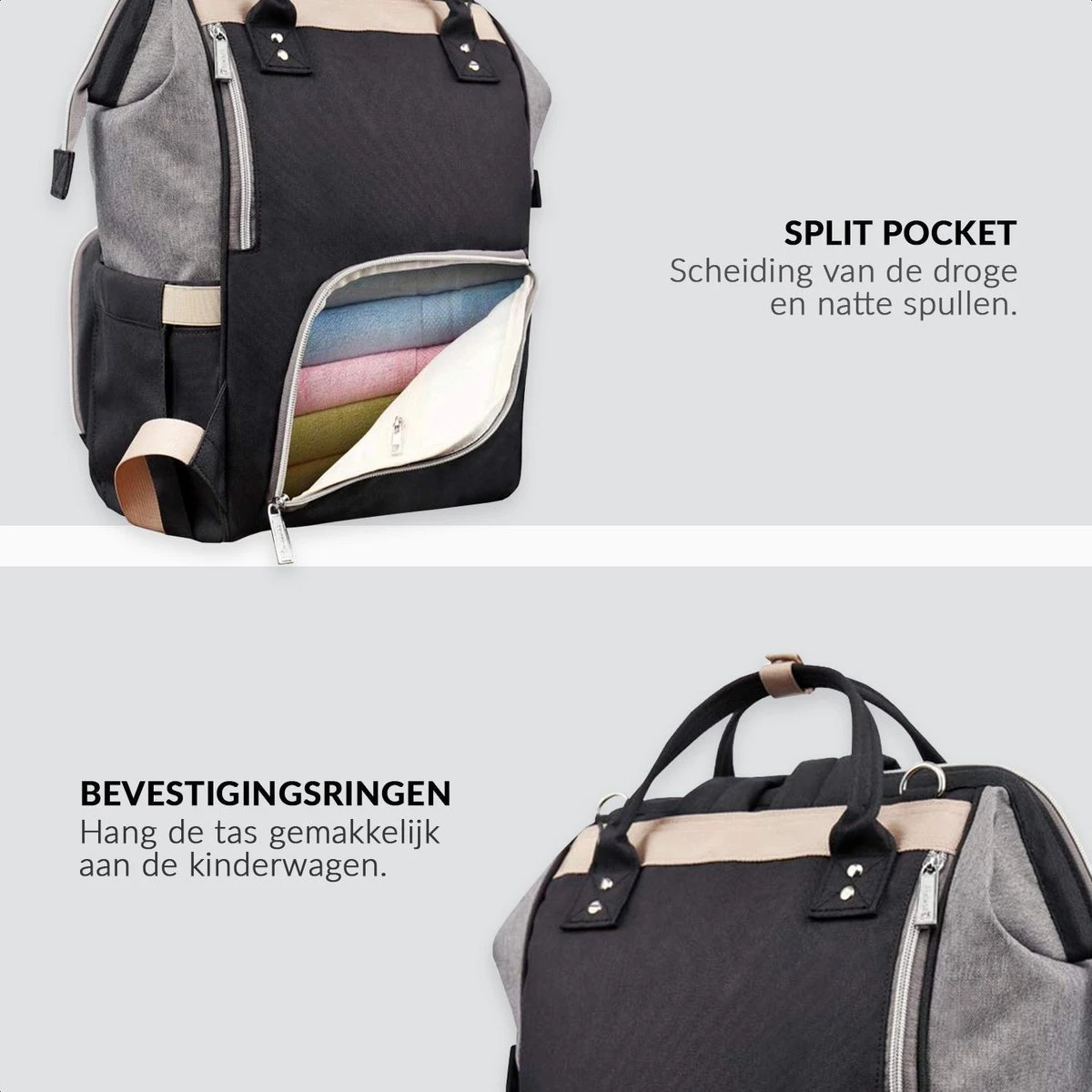 Buxibo Luier- En Verzorgingstas Inclusief USB Oplaadstation - Baby Rug Tas Met Isoleervak - Diaper Backpack Bag - Reis Rugzak - Grote Capaciteit - 23.8L - Zwart - Afbeelding 4