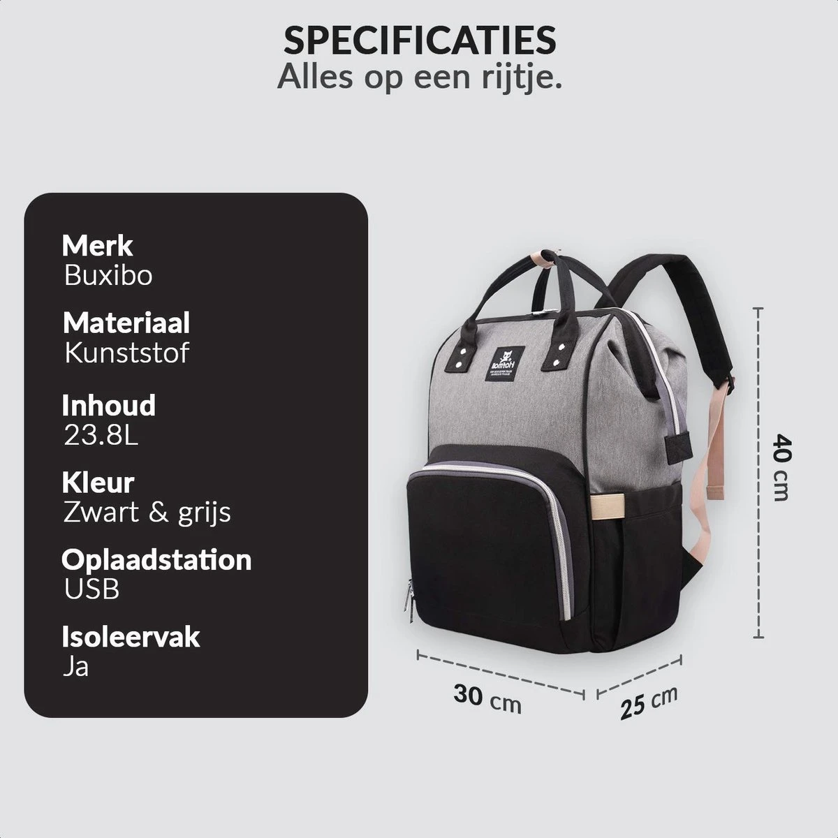 Buxibo Luier- En Verzorgingstas Inclusief USB Oplaadstation - Baby Rug Tas Met Isoleervak - Diaper Backpack Bag - Reis Rugzak - Grote Capaciteit - 23.8L - Zwart - Afbeelding 7