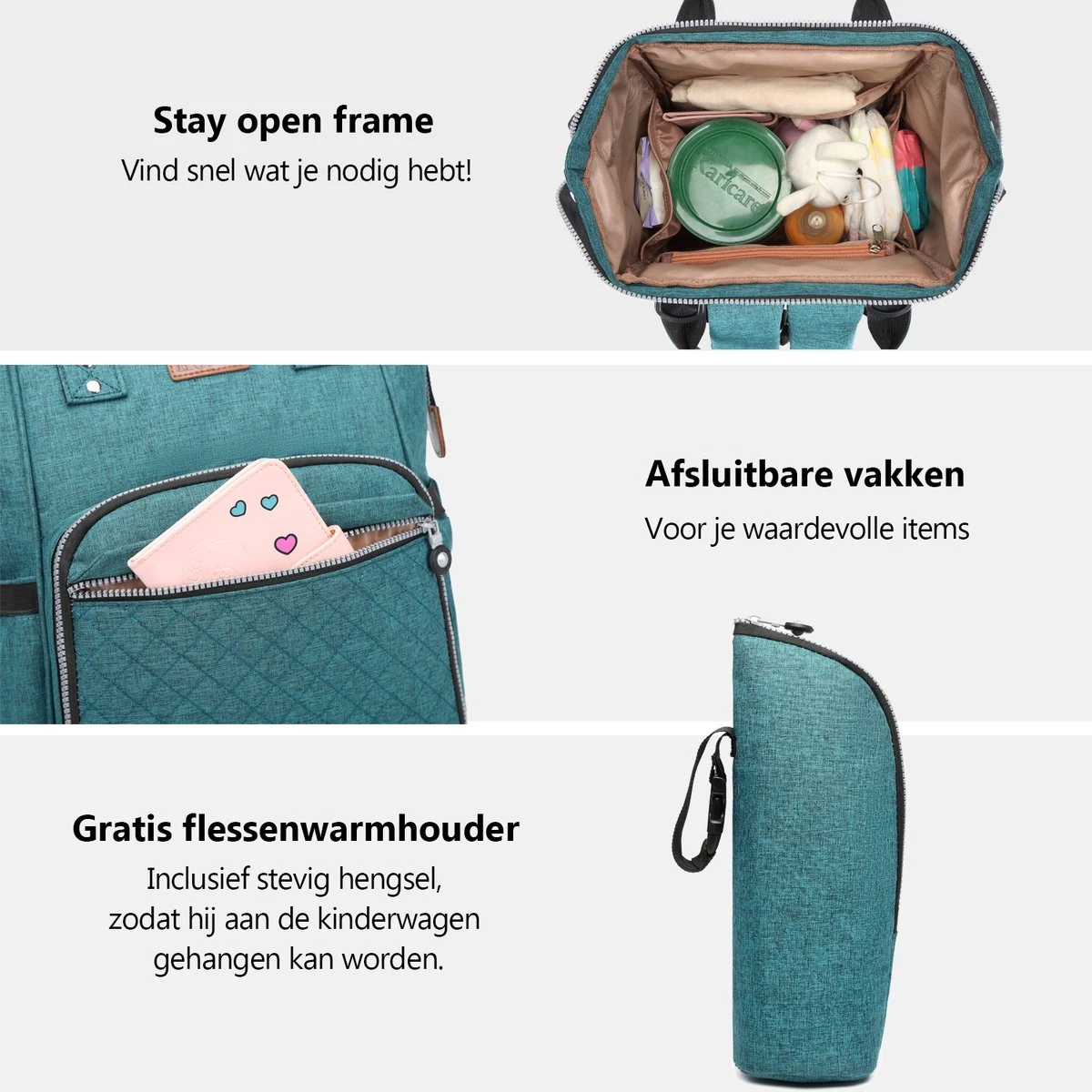 Miss Lulu Luiertas Rugzak - Inclusief Buggy En Kinderwagen Haken - Groen (E6705 GN) - Afbeelding 3