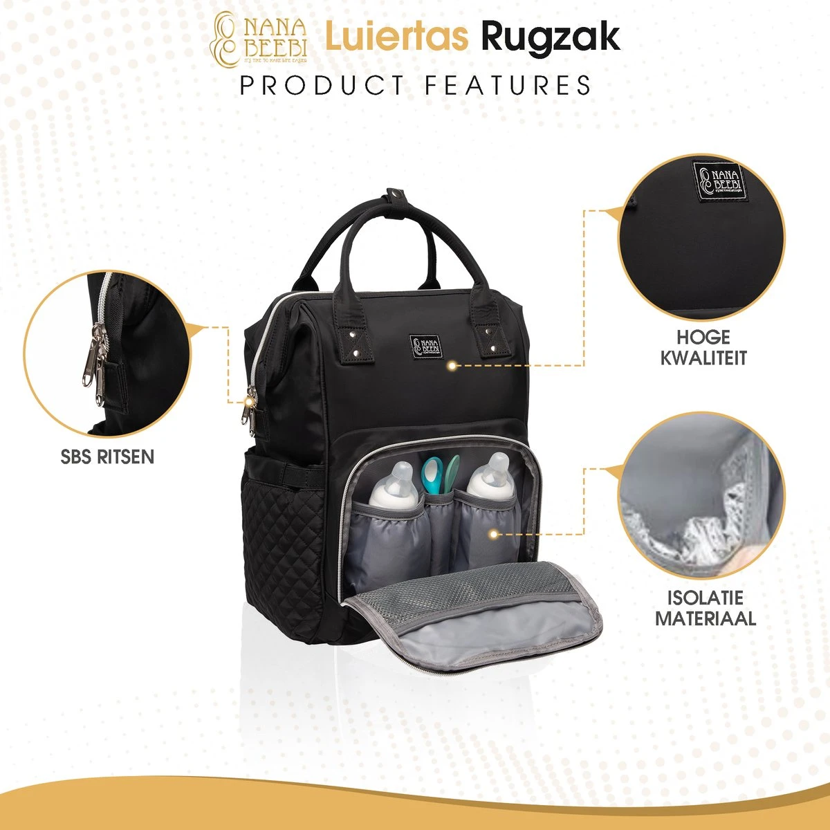 NanaBeebi Luiertas Rugzak Met Verschoonmatje - Zwart - Inclusief Flessenwarmhouder - Kinderwagenhaken En Isoleervak - Afbeelding 7