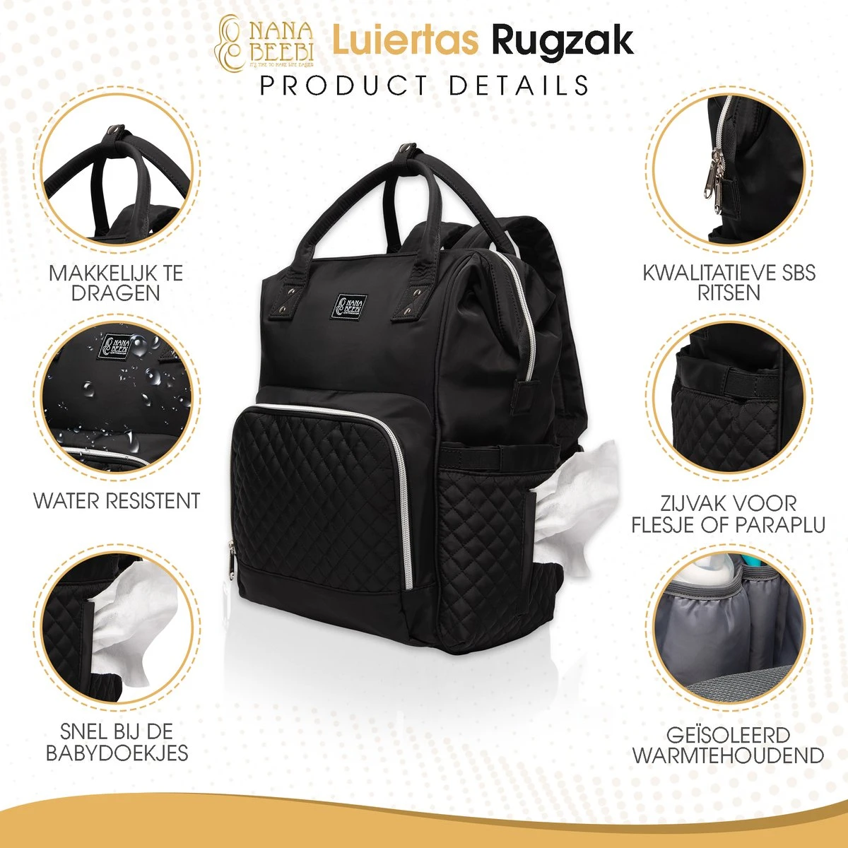 NanaBeebi Luiertas Rugzak Met Verschoonmatje - Zwart - Inclusief Flessenwarmhouder - Kinderwagenhaken En Isoleervak - Afbeelding 12