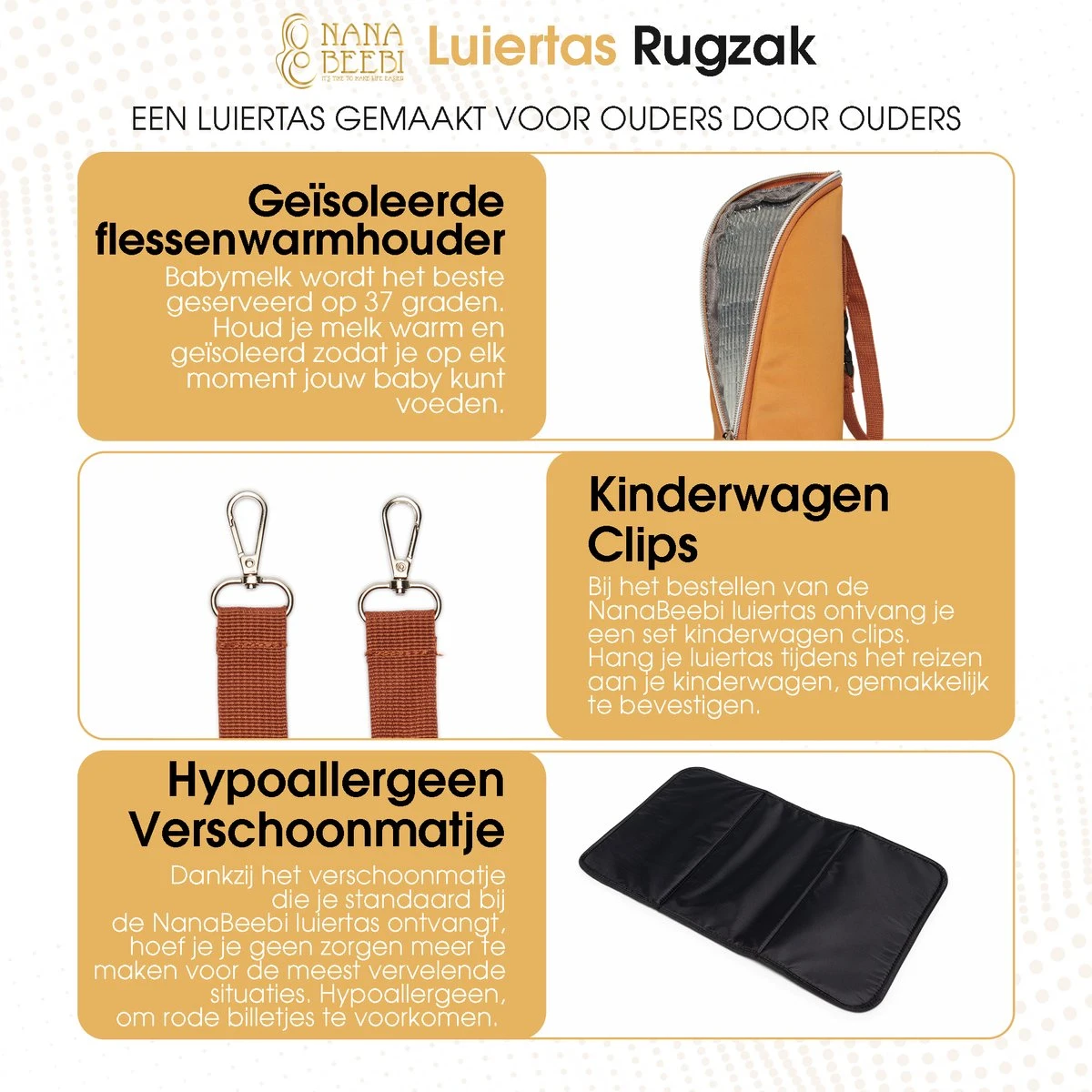 NanaBeebi Luiertas Rugzak Met Verschoonmatje - Cognac - Inclusief Flessenwarmhouder - Kinderwagenhaken En Isoleervak - Afbeelding 2