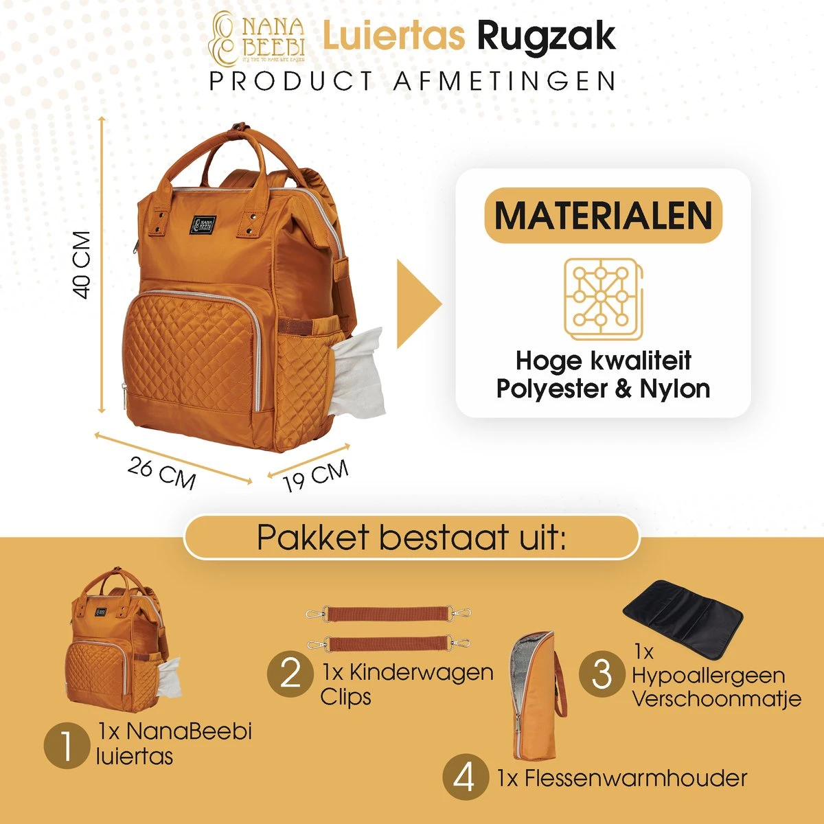 NanaBeebi Luiertas Rugzak Met Verschoonmatje - Cognac - Inclusief Flessenwarmhouder - Kinderwagenhaken En Isoleervak - Afbeelding 3