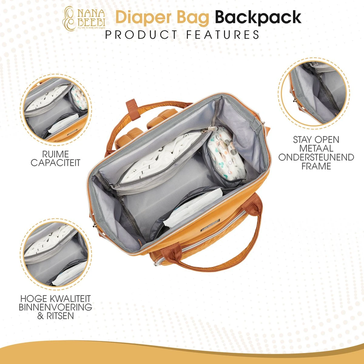 NanaBeebi Luiertas Rugzak Met Verschoonmatje - Cognac - Inclusief Flessenwarmhouder - Kinderwagenhaken En Isoleervak - Afbeelding 7