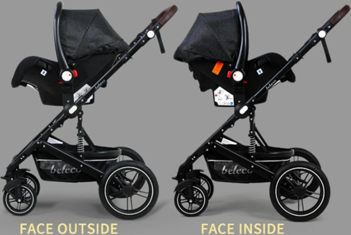Belecoo - Luxe Kinderwagen - 3-in-1 Buggy - Opklapbare Wandelwagen - Autostoel - Wieg - Multifunctioneel - Zwart - Afbeelding 2