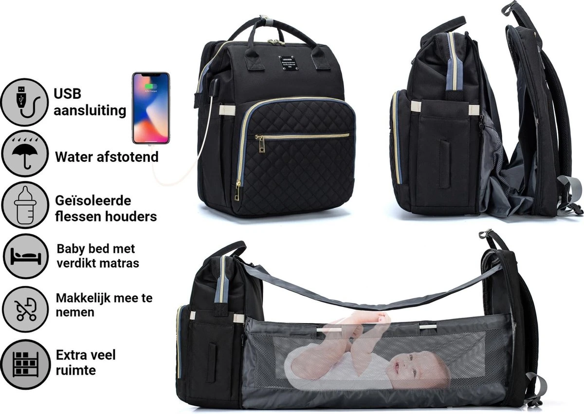 Luiertas - Multifuctioneel Luiertas 3 In 1 - Met Babybedje - Met Verschoningsmatje - Zwart - Met Usb - Met Verdikt Matras
