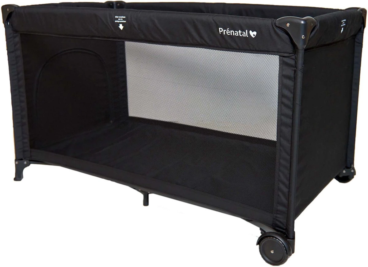 Prénatal Luxe Campingbedje Met Bodemmatras - Inclusief Draagtas - Inklapbaar Baby Campingbed - Met Wieltjes En Kruipluik - 120 X 60 Cm - Zwart - Afbeelding 2