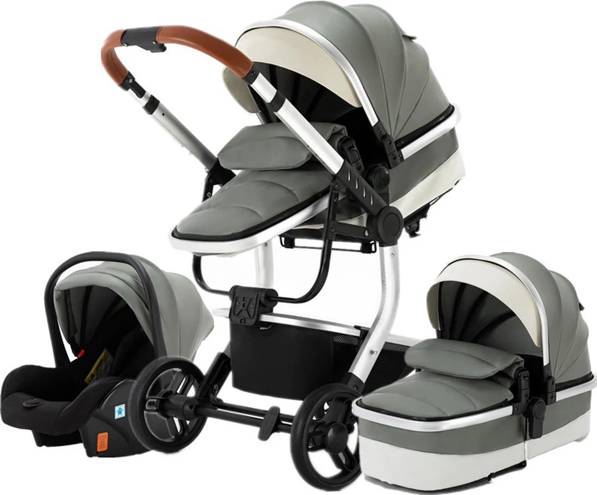 Merkloos BrightWise Luxe Kinderwagen 3 In 1 Voldoet Aan Alle Europese Veiligheidscertificaten - Wandelwagen - Kinderwagen 3-in-1 Incl Autostoel - Kinderwagen Maxi Cosi – Buggy 3 In 1 - Newborn - Leer - Grijs