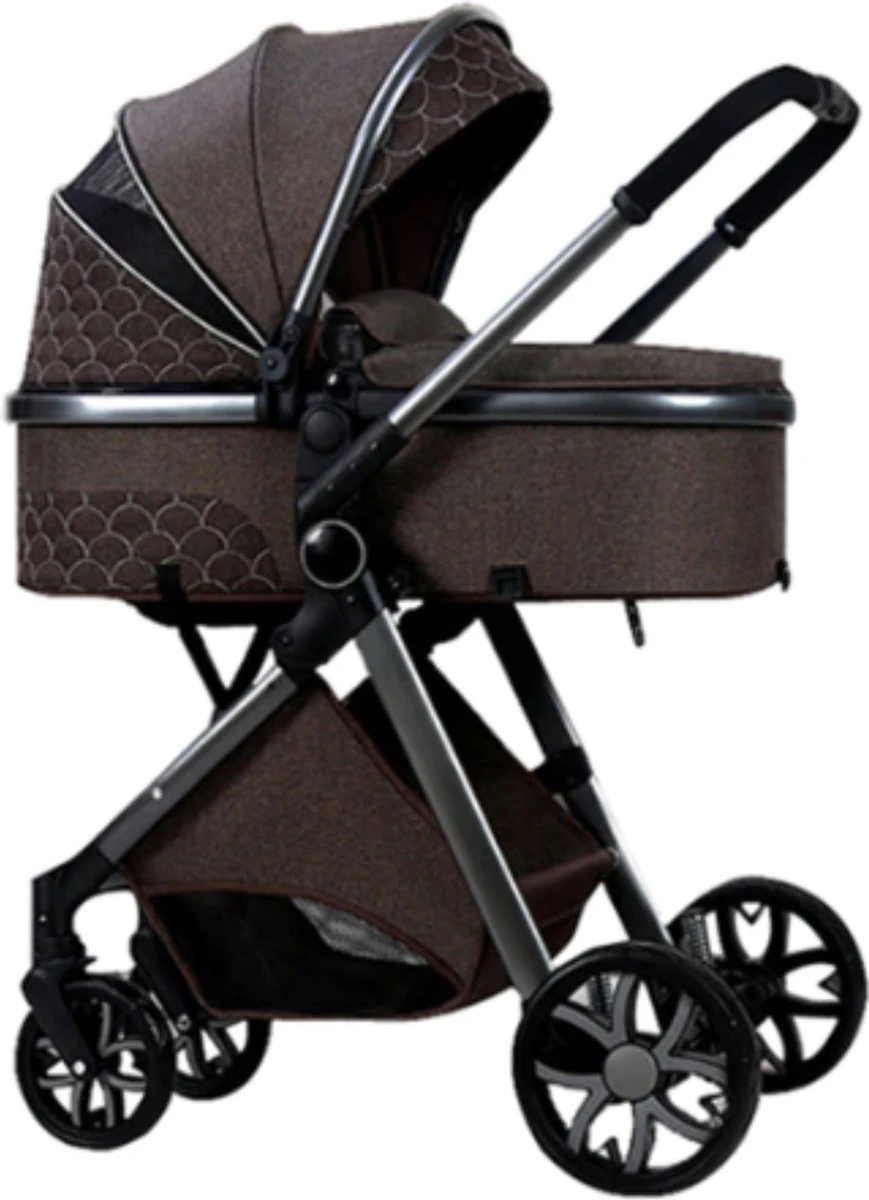 Merkloos Kinderwagen 3-in-1 – Luxe Kinderwagen - Buggy – Wandelwagen - Multifunctioneel – Opklapbaar – Incl Autostoel – Donkerbruin - Afbeelding 2