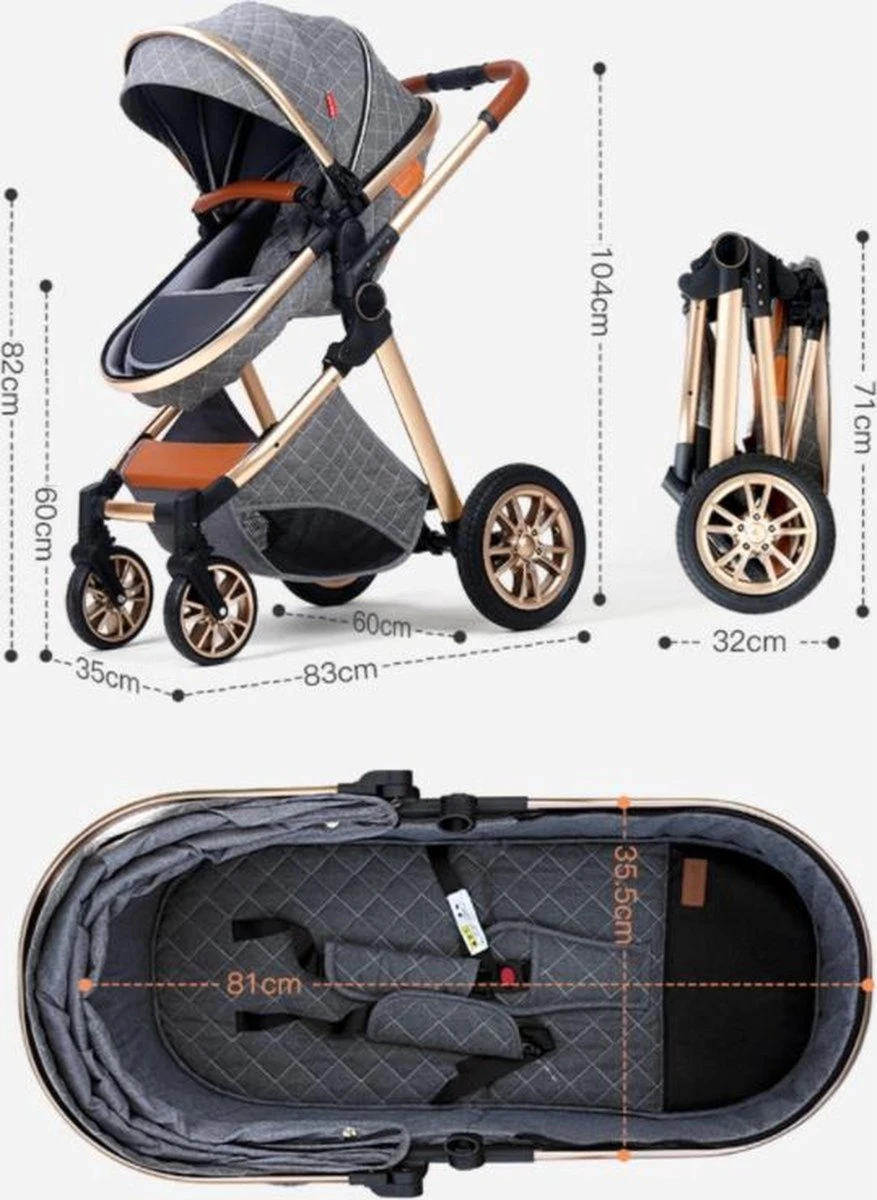 Merkloos Kinderwagen 3-in-1 – Luxe Kinderwagen - Buggy – Wandelwagen - Multifunctioneel – Opklapbaar – Incl Autostoel – Donkerbruin - Afbeelding 4
