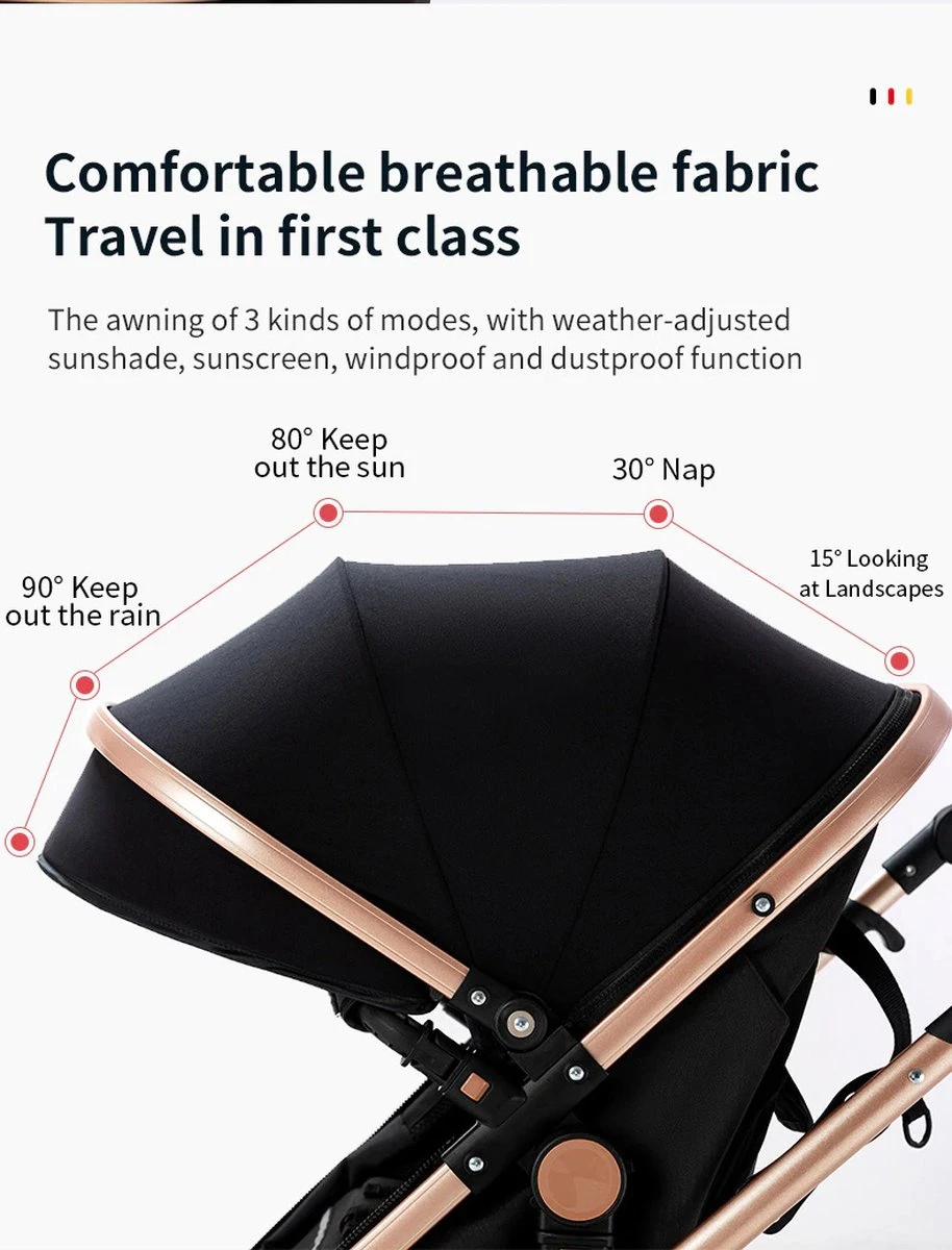 Luxe Kinderwagen 3 In 1 - Wandelwagen - Kinderwagen 3-in-1 Incl Autostoel - Kinderwagen Maxi Cosi – Buggy 3 In 1 - Newborn - Zwart/goud - Afbeelding 8