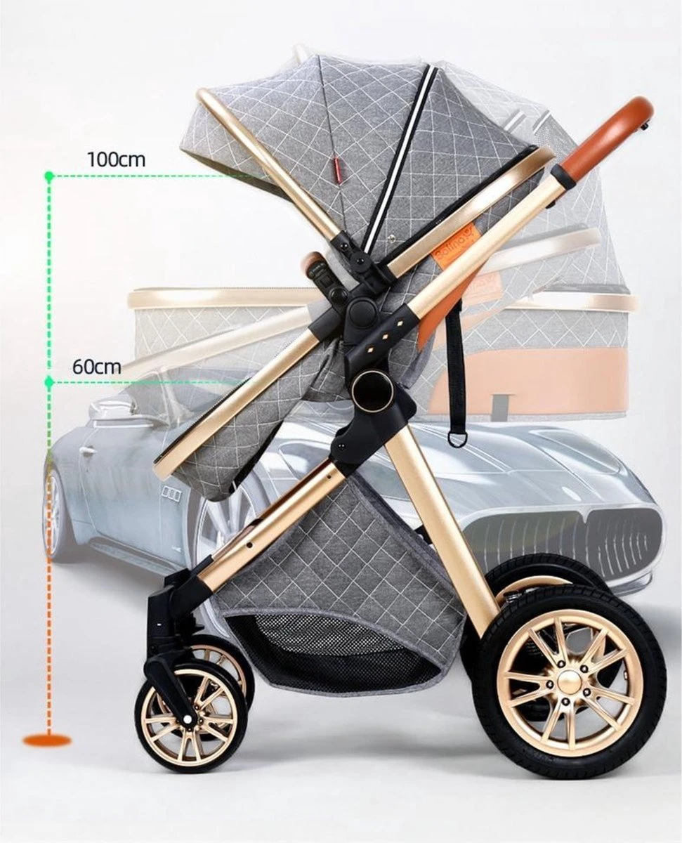 Merkloos Kinderwagen 3-in-1 – Luxe Kinderwagen - Buggy – Wandelwagen - Multifunctioneel – Opklapbaar – Incl. Autostoel – Zwart - Afbeelding 3