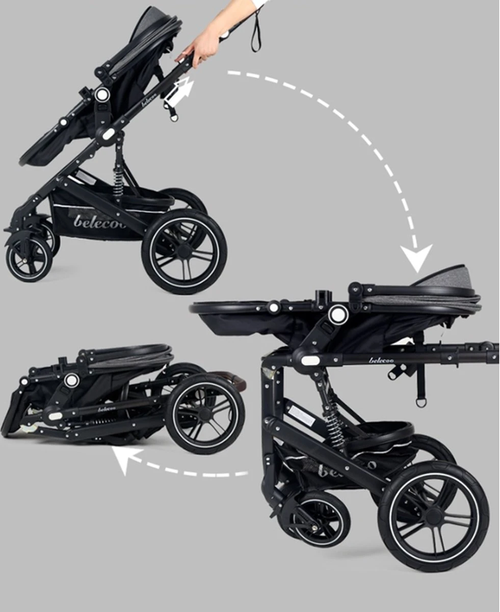Belecoo - Luxe Kinderwagen - 3-in-1 Buggy - Opklapbare Wandelwagen - Autostoel - Wieg - Multifunctioneel - Zwart - Afbeelding 7